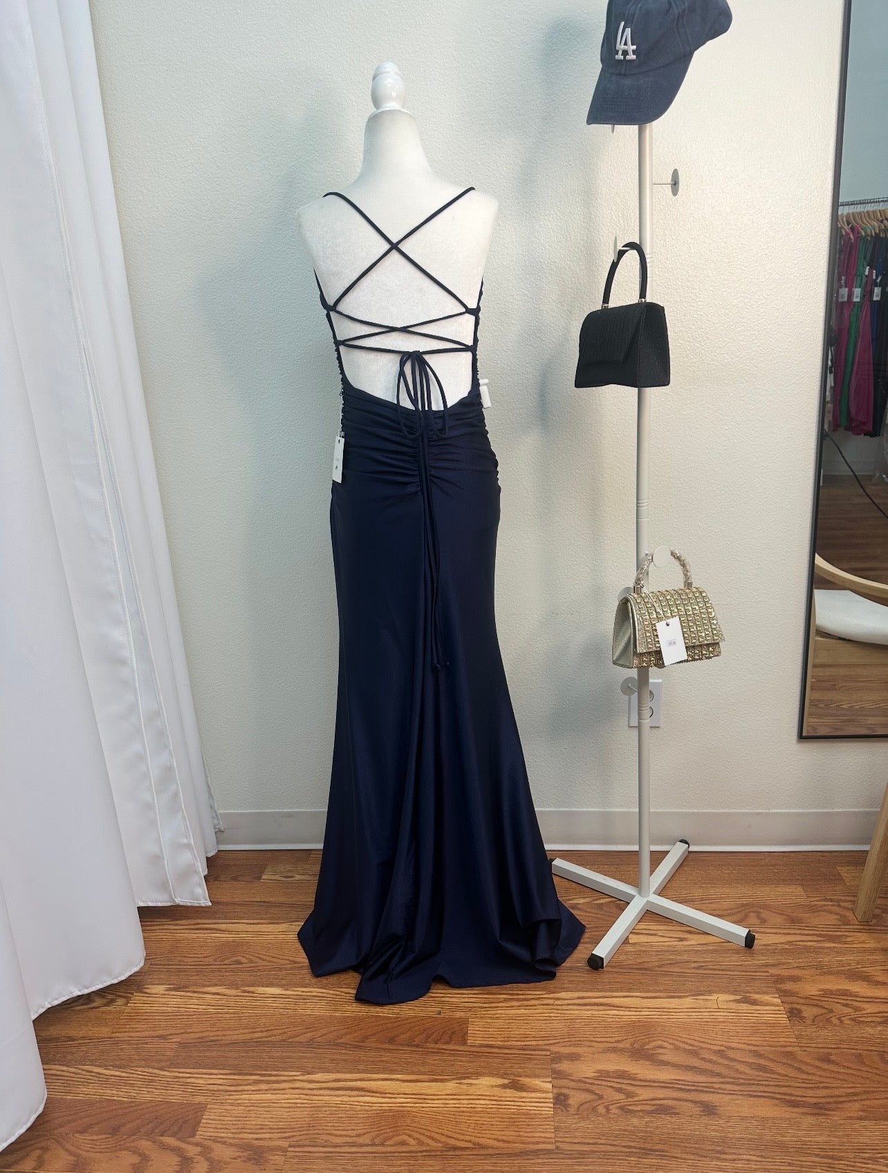 long navy satin dress