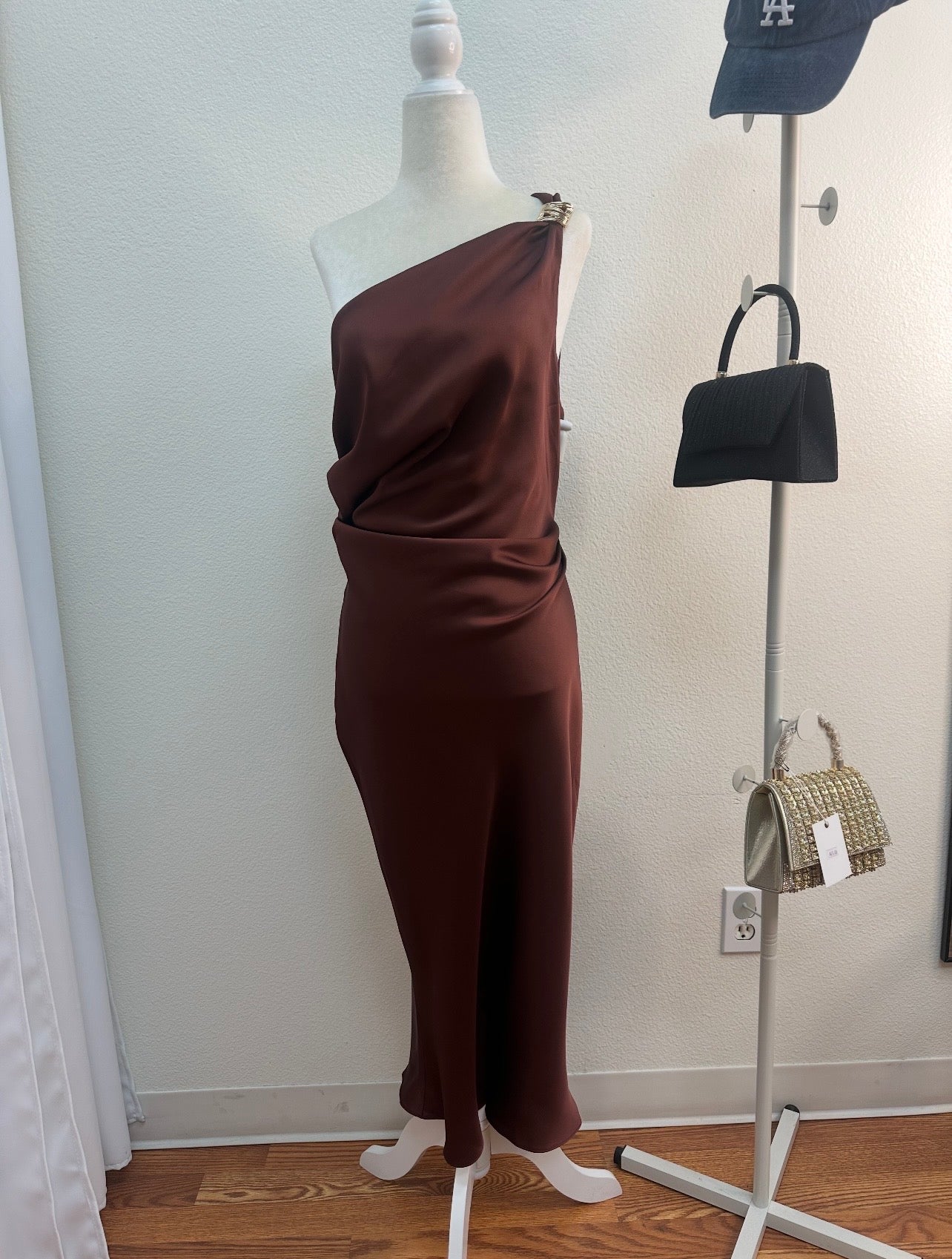 one shoulder satin brown dress