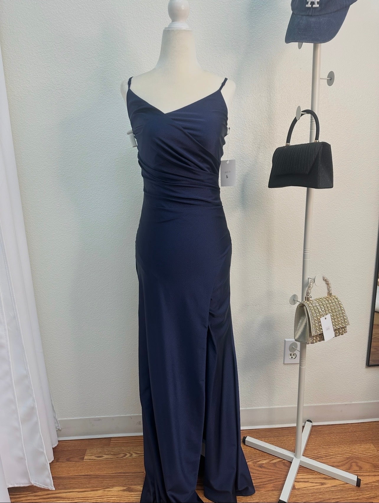 long satin navy dress