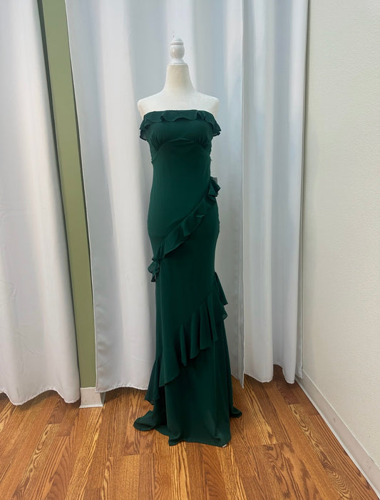 long strapless green ruffle dress