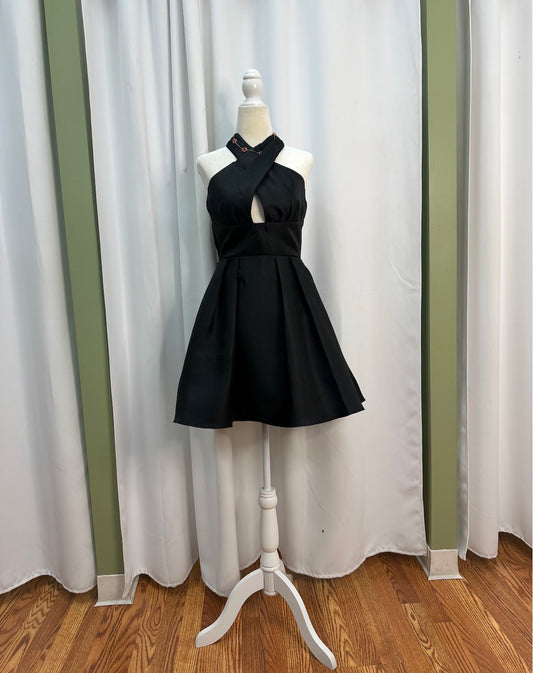 polyester black short cross over halter top dress.