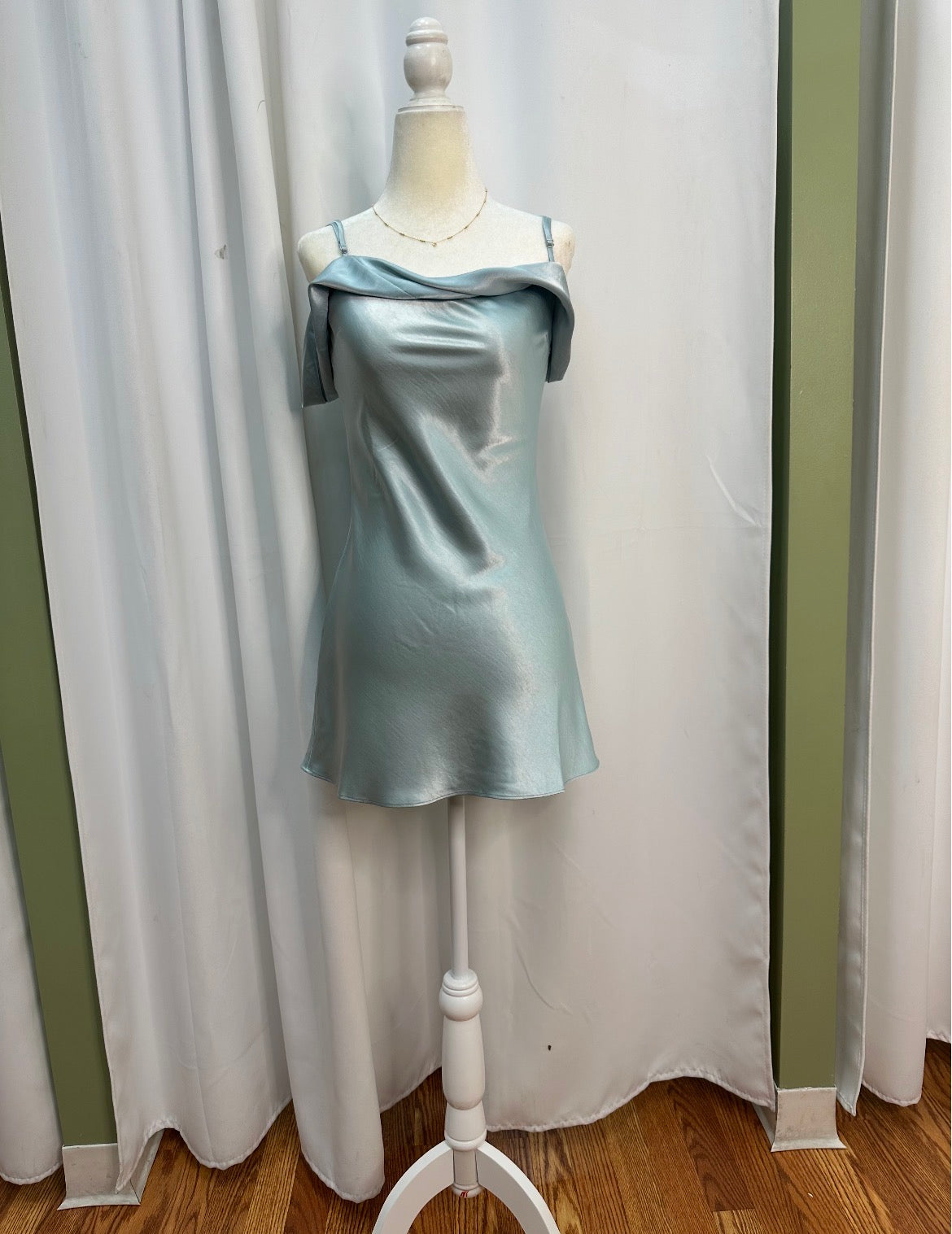 slate blue satin dress, back designed bow