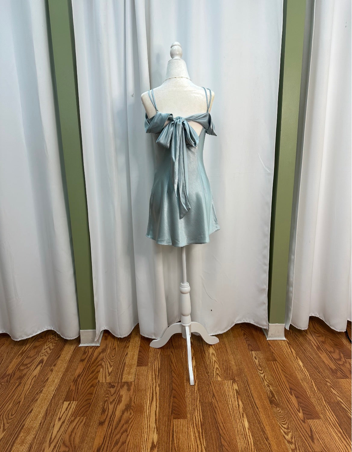slate blue satin dress, back designed bow
