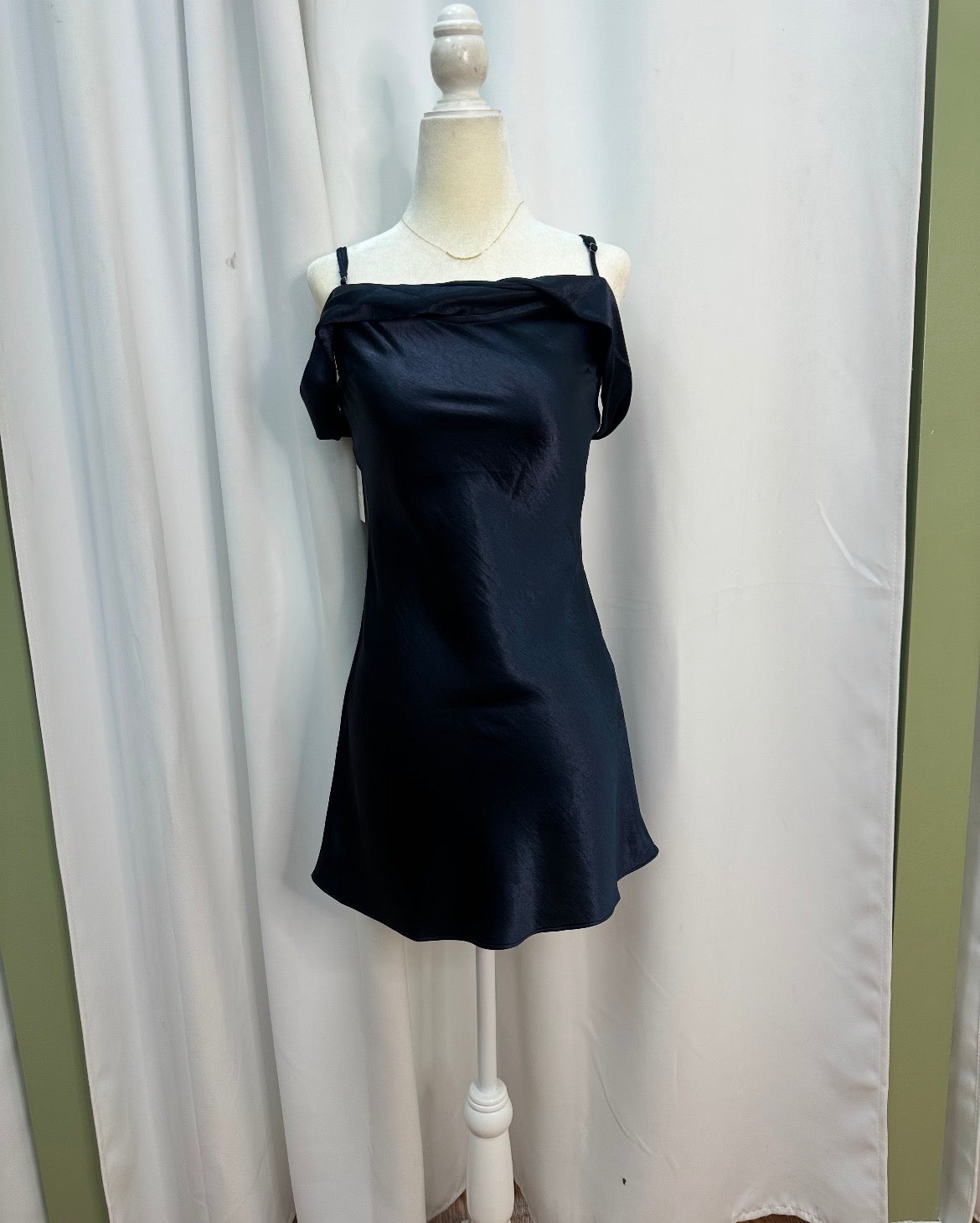 satin navy dark blue dress, off shoulder bow designed back