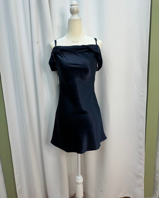 satin navy dark blue dress, off shoulder bow designed back