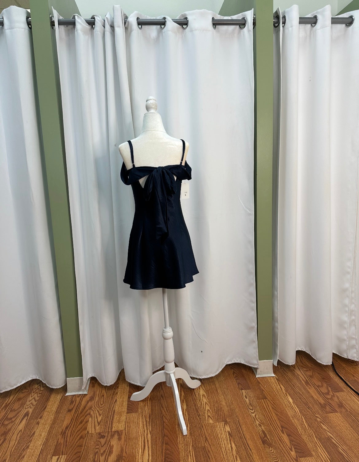 satin navy dark blue dress, off shoulder bow designed back