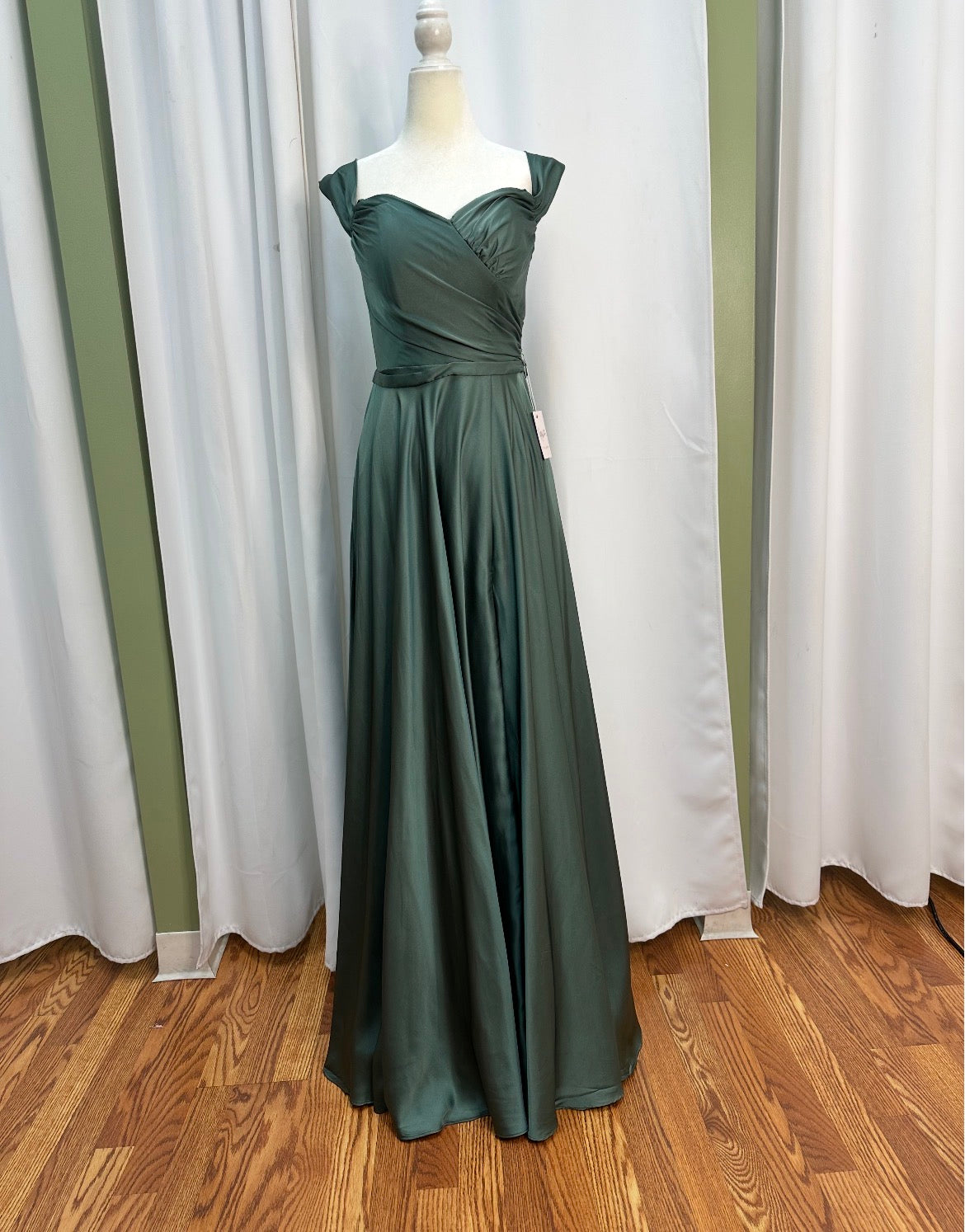 satin eucalyptus long beautiful, designed dress corset dress.