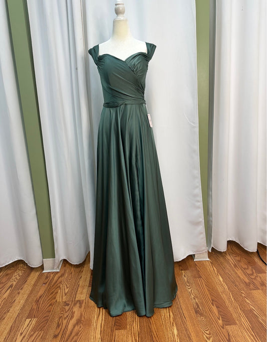 satin eucalyptus long beautiful, designed dress corset dress.