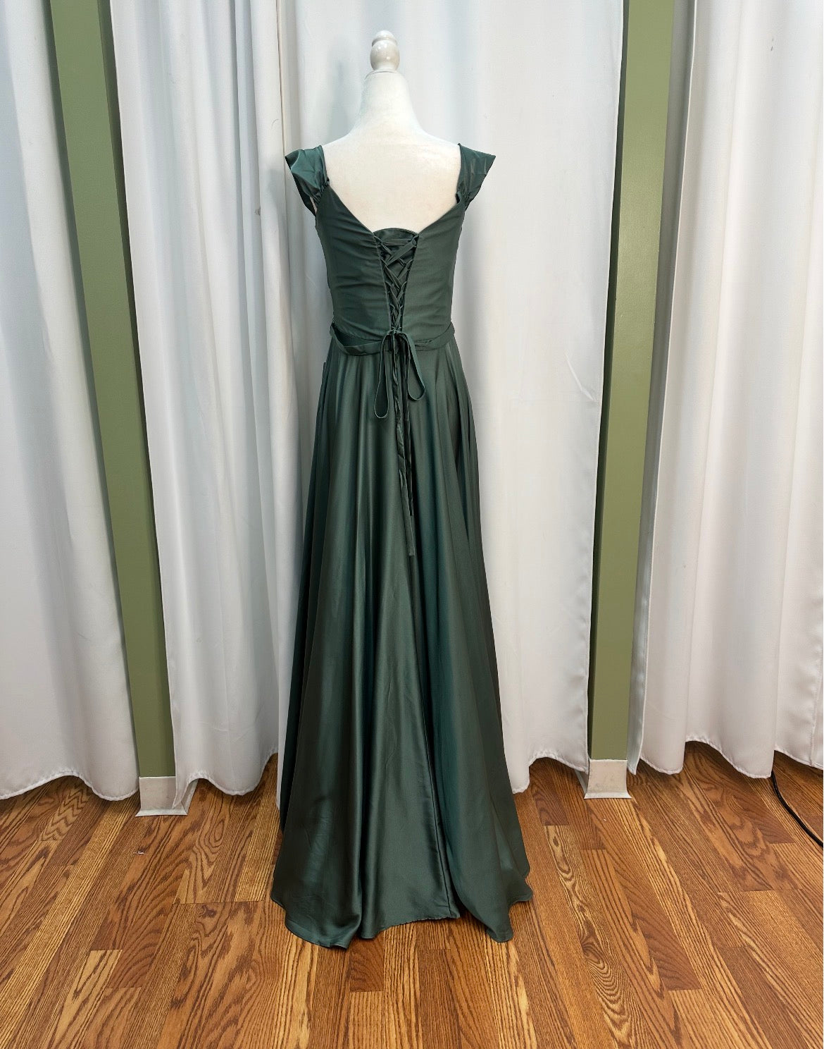 satin eucalyptus long beautiful, designed dress corset dress.