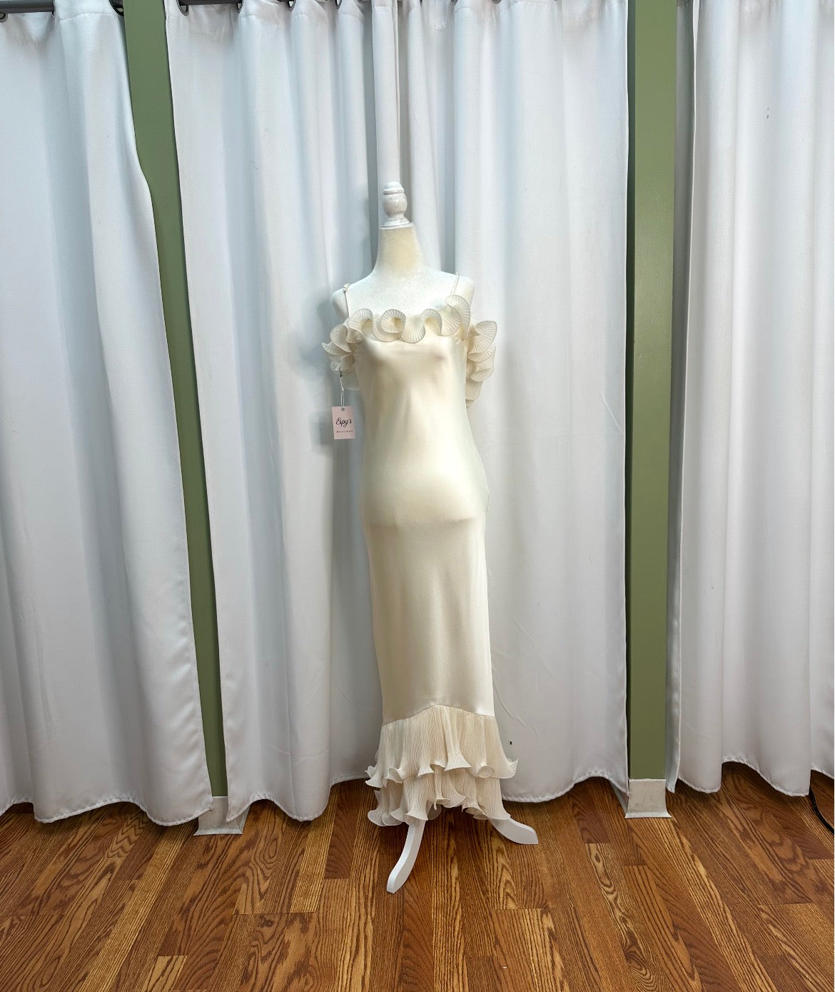 satin pearl mesh all-along long dress