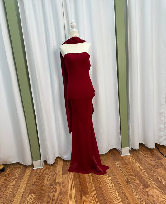 Crimson long elegant strapless dress, open back.