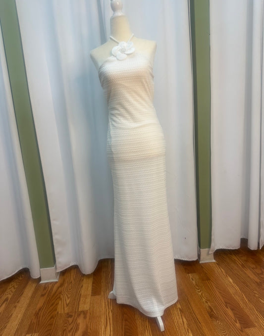 white front flower halter  summer dress, stretch material pattern design.