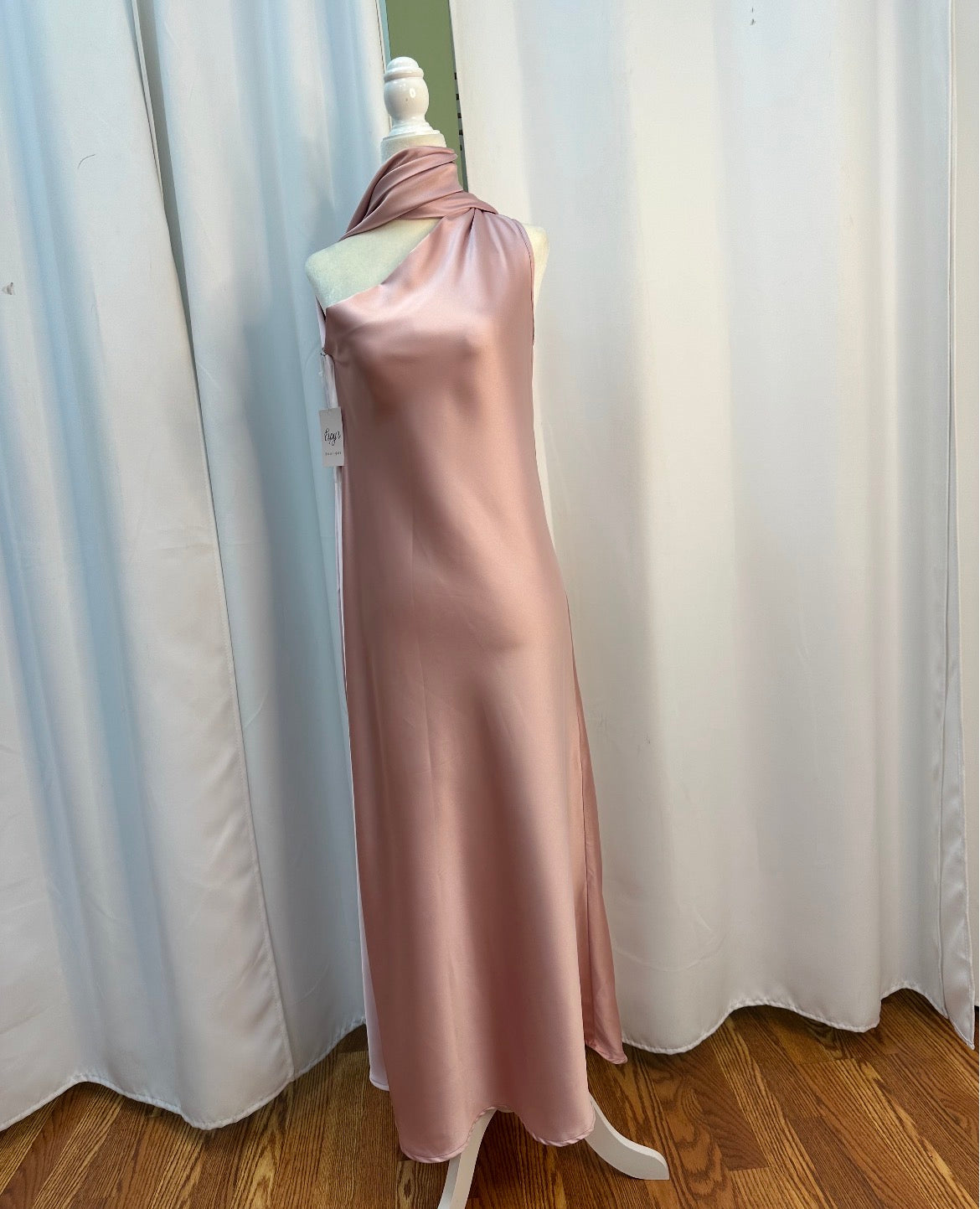 satin rose long beautiful scarfed neck dress.