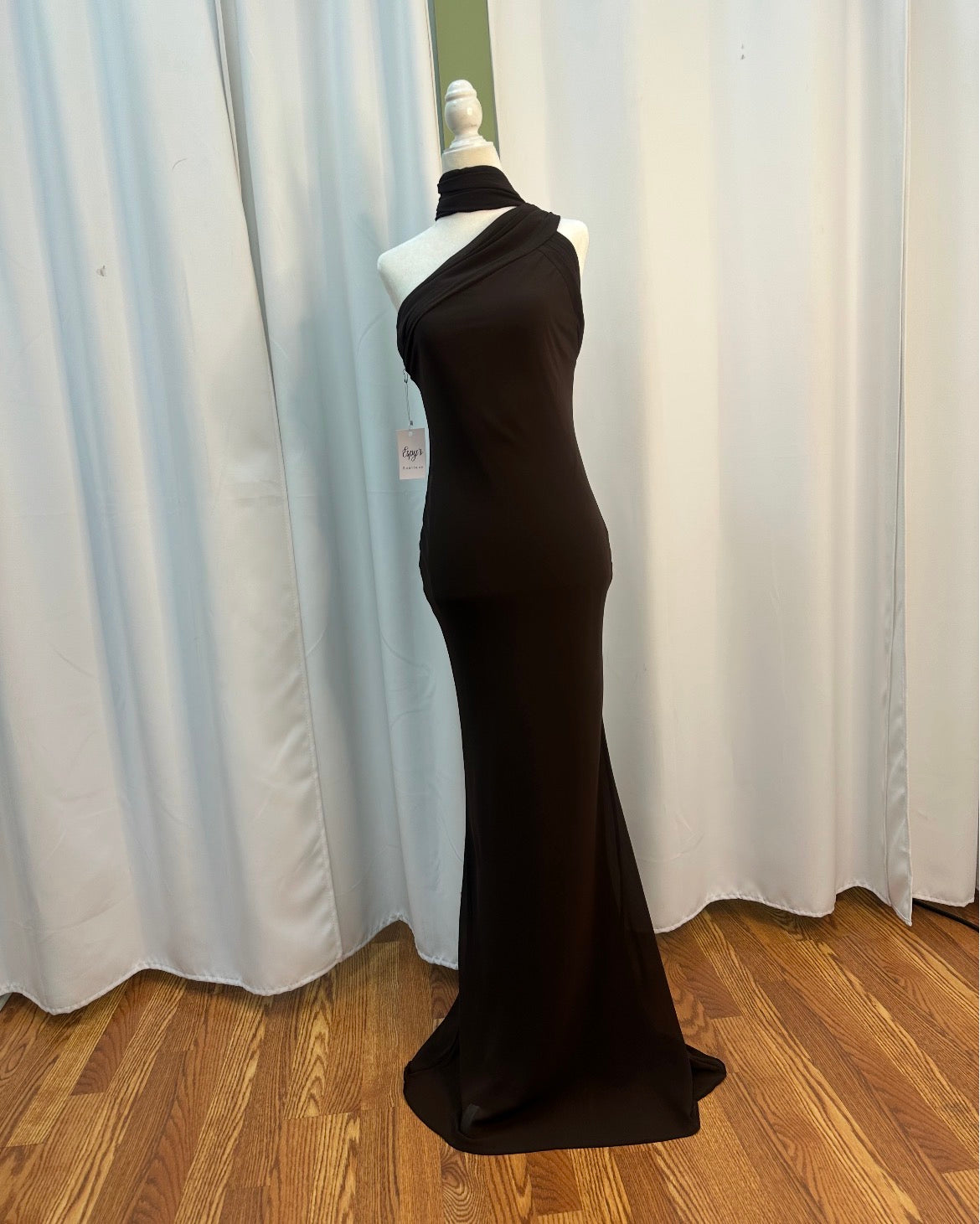 chiffon chocolate scarf neck long dress