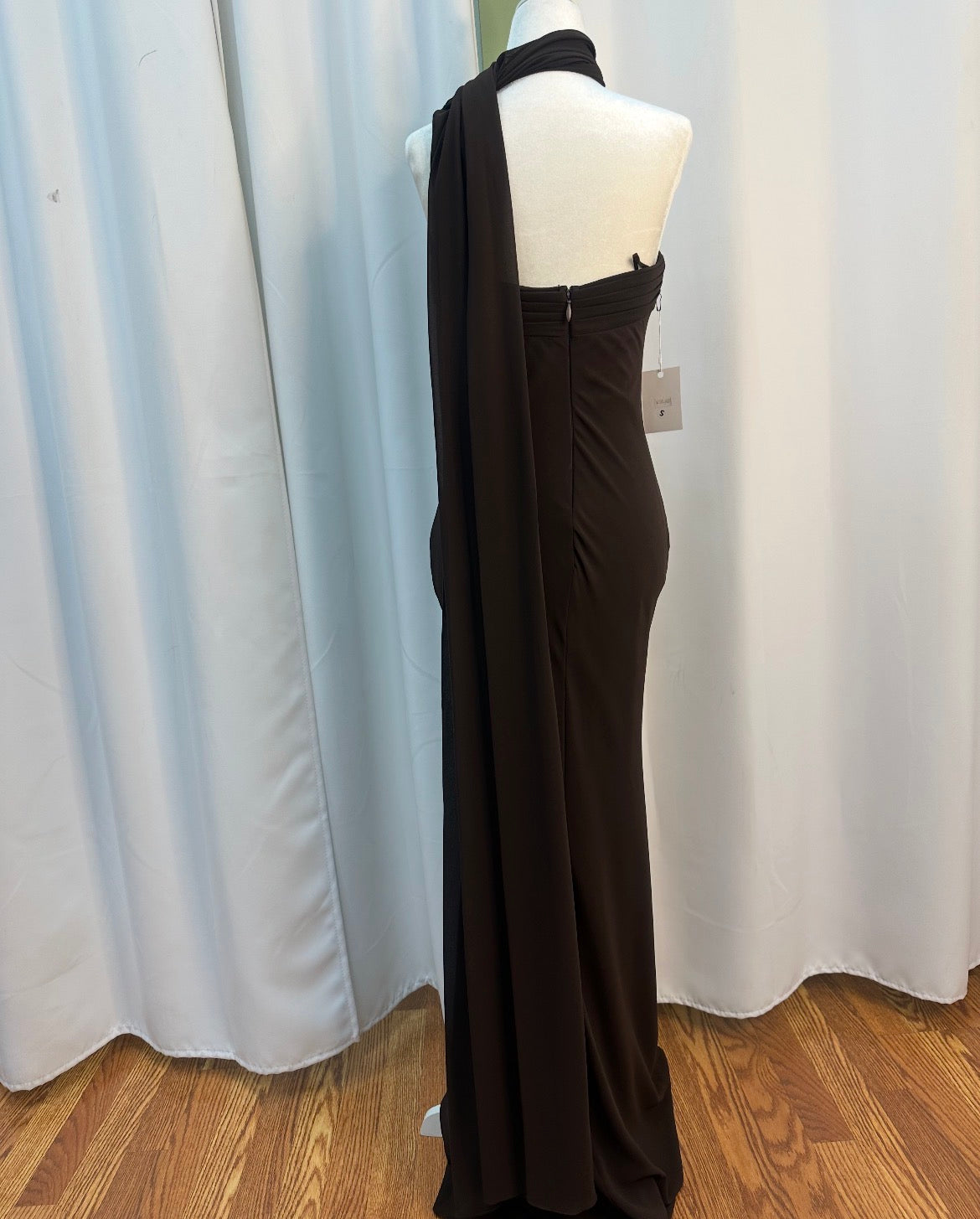 chiffon chocolate scarf neck long dress