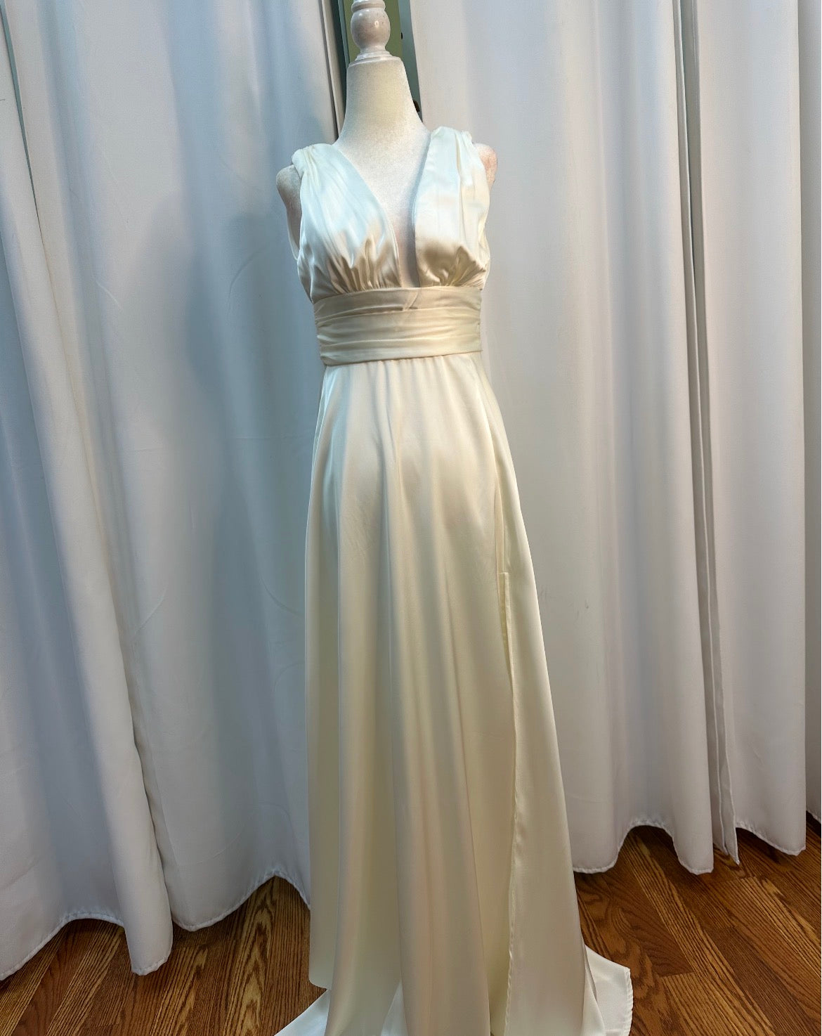 satin pearl long dress, detailed back.