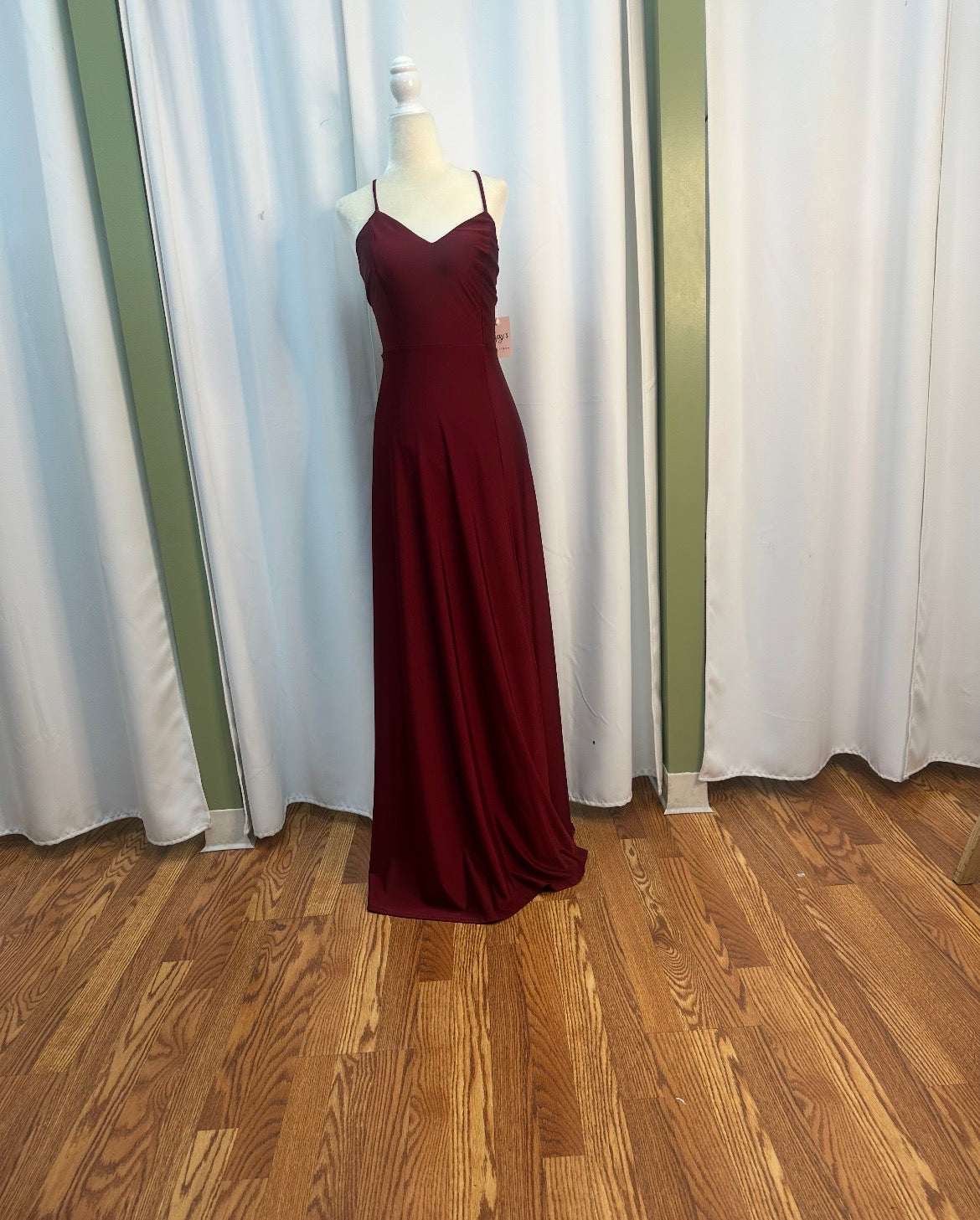 Burgundy long formal dress, open designed back