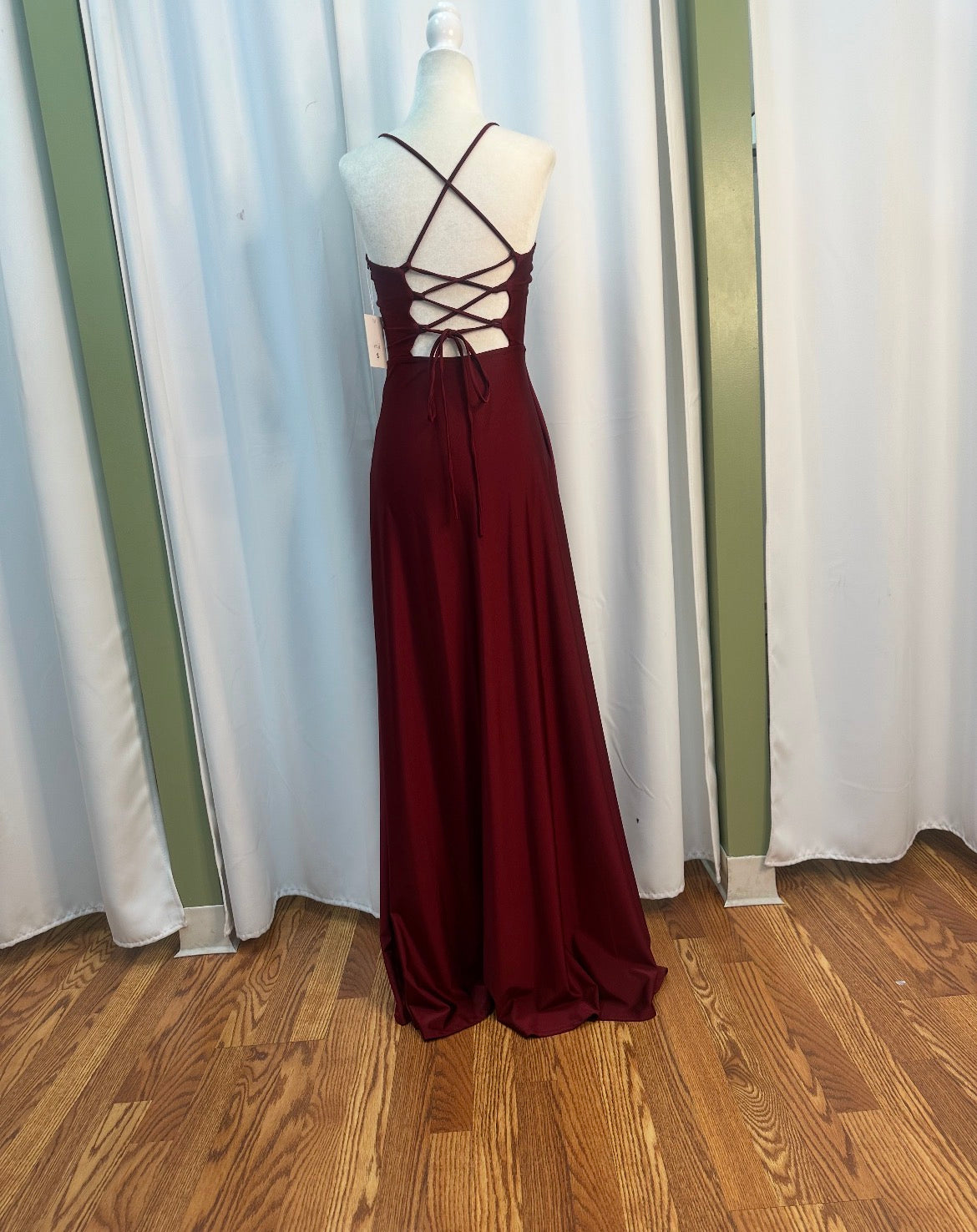 Burgundy long formal dress, open designed back