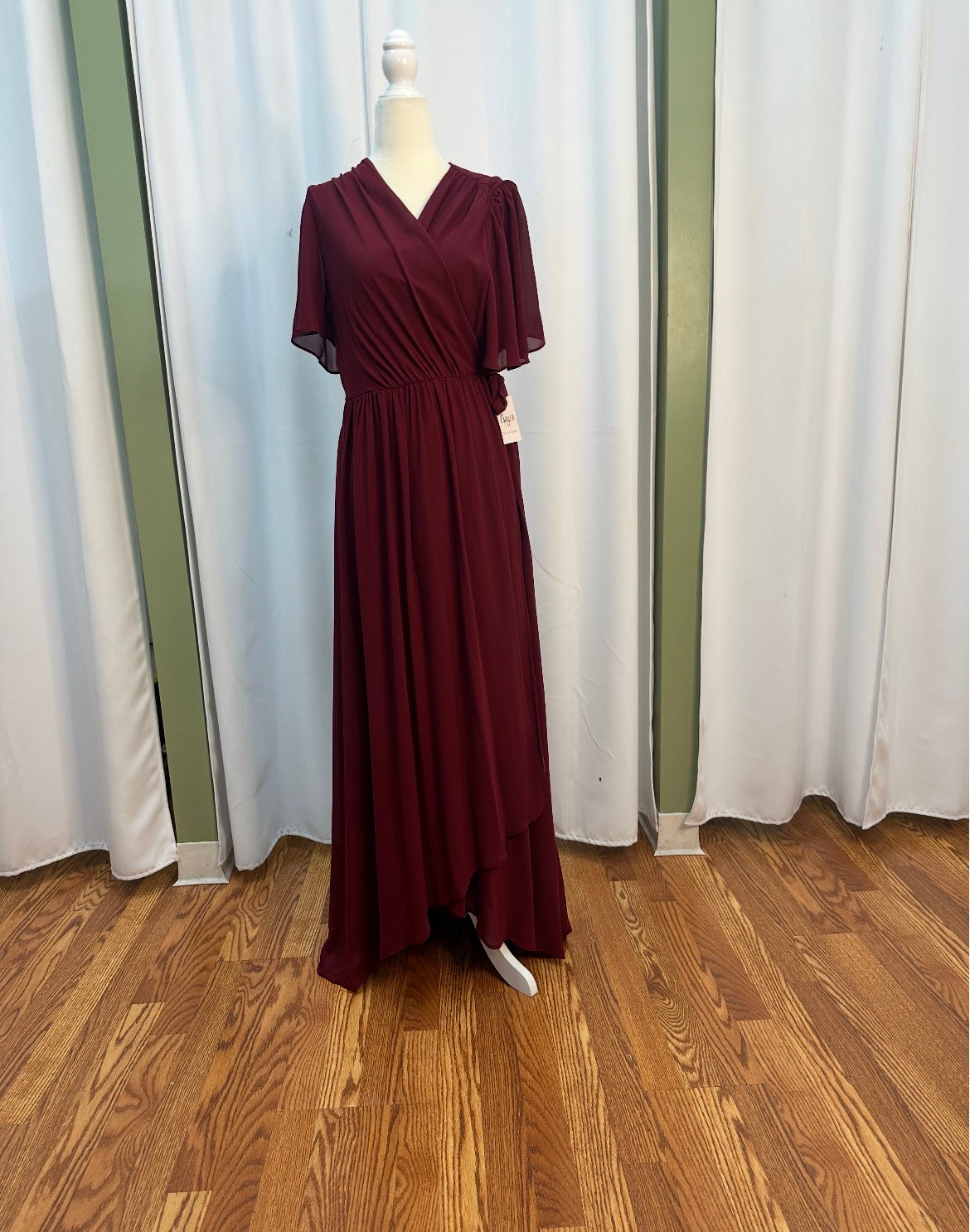 chiffon burgundy long elegant dress with sleeves.