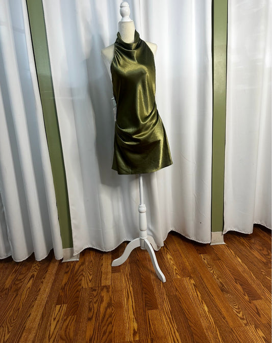 Green satin short turtleneck dress open back.