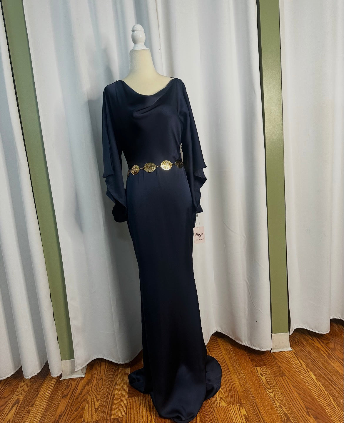 Satin Long dress, navy blue long sleeve.