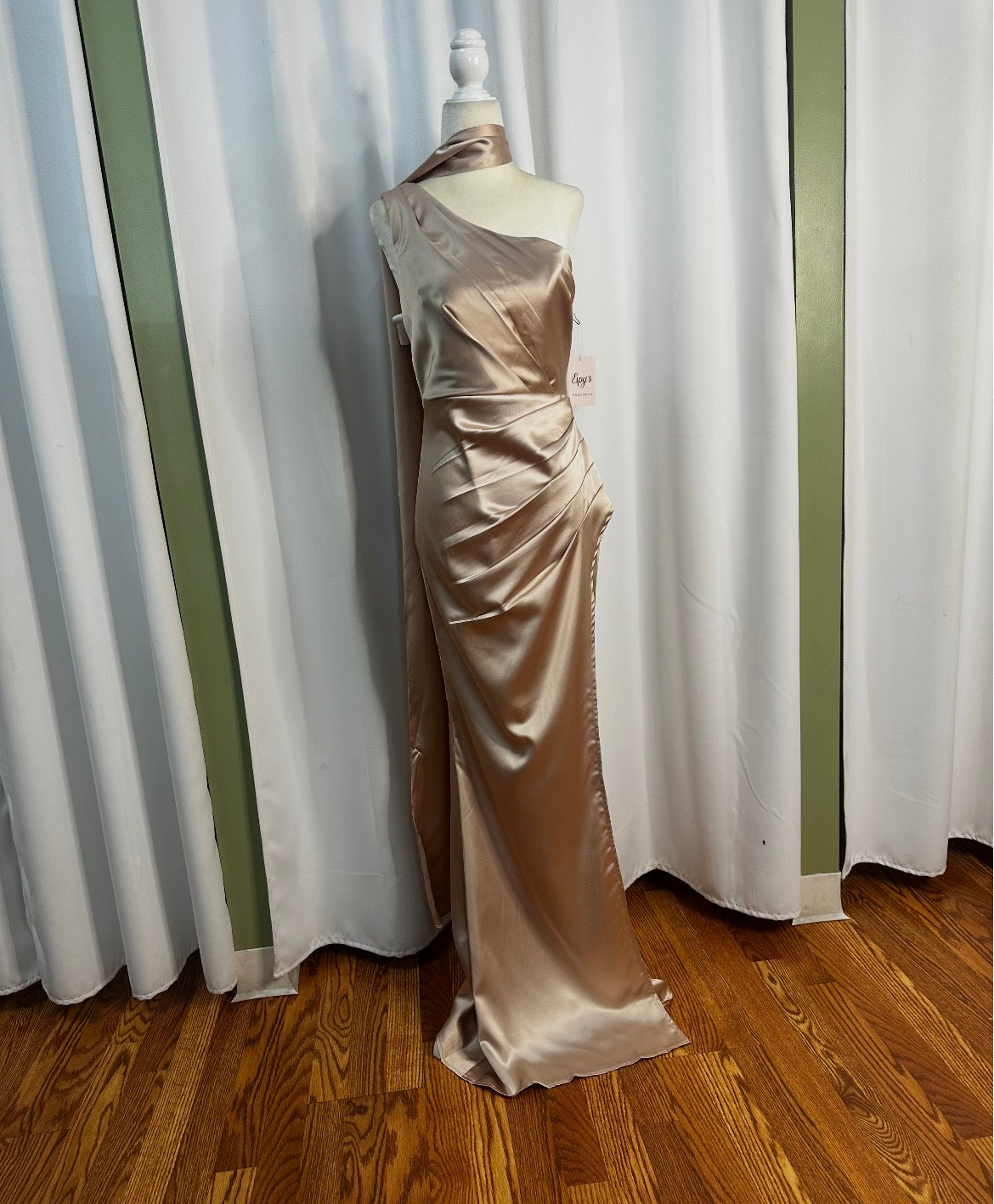 Champagne satin long dress scarfed look, open split and open back