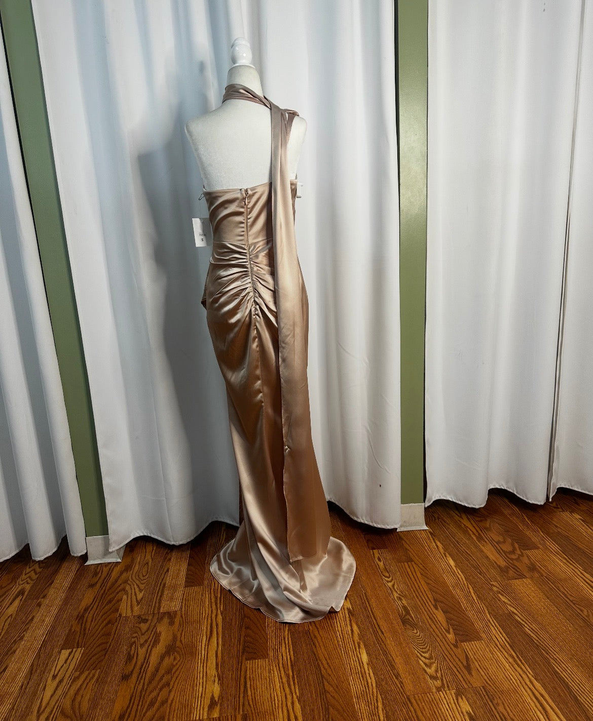Champagne satin long dress scarfed look, open split and open back