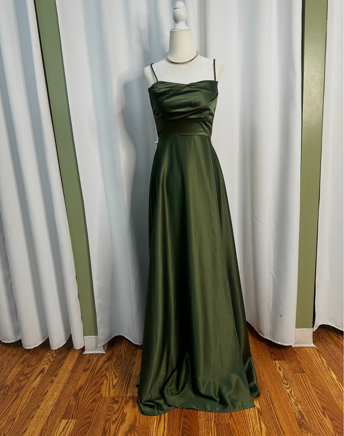Green olive satin long dress, spaghetti strap, open back designed.