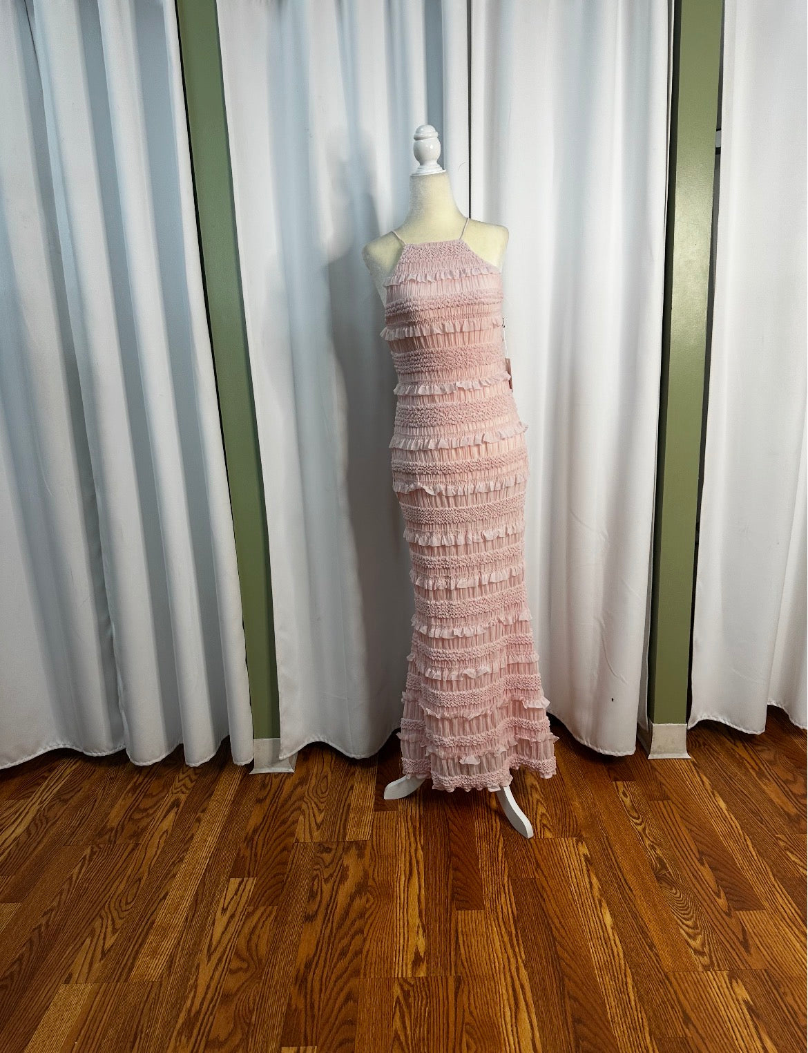 polyester pink ruffled, open back modern day summer dress.