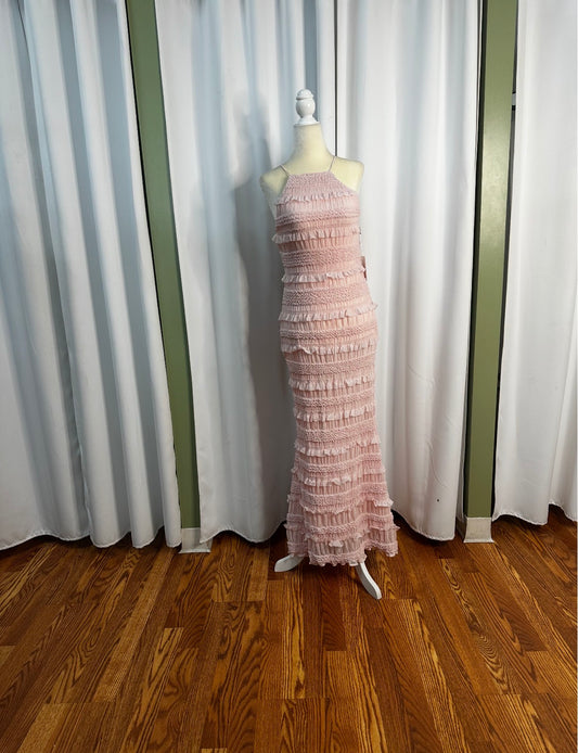 polyester pink ruffled, open back modern day summer dress.