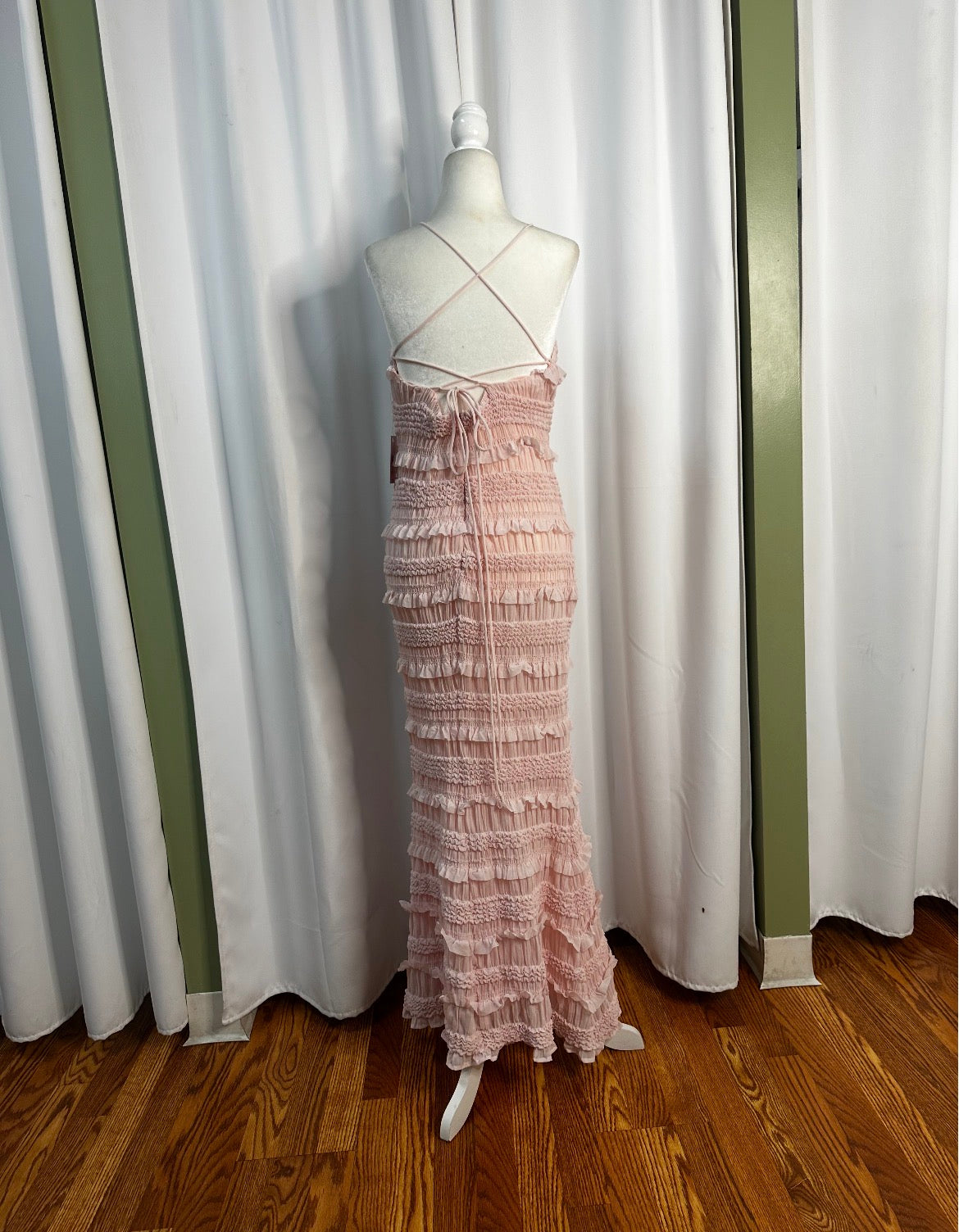polyester pink ruffled, open back modern day summer dress.