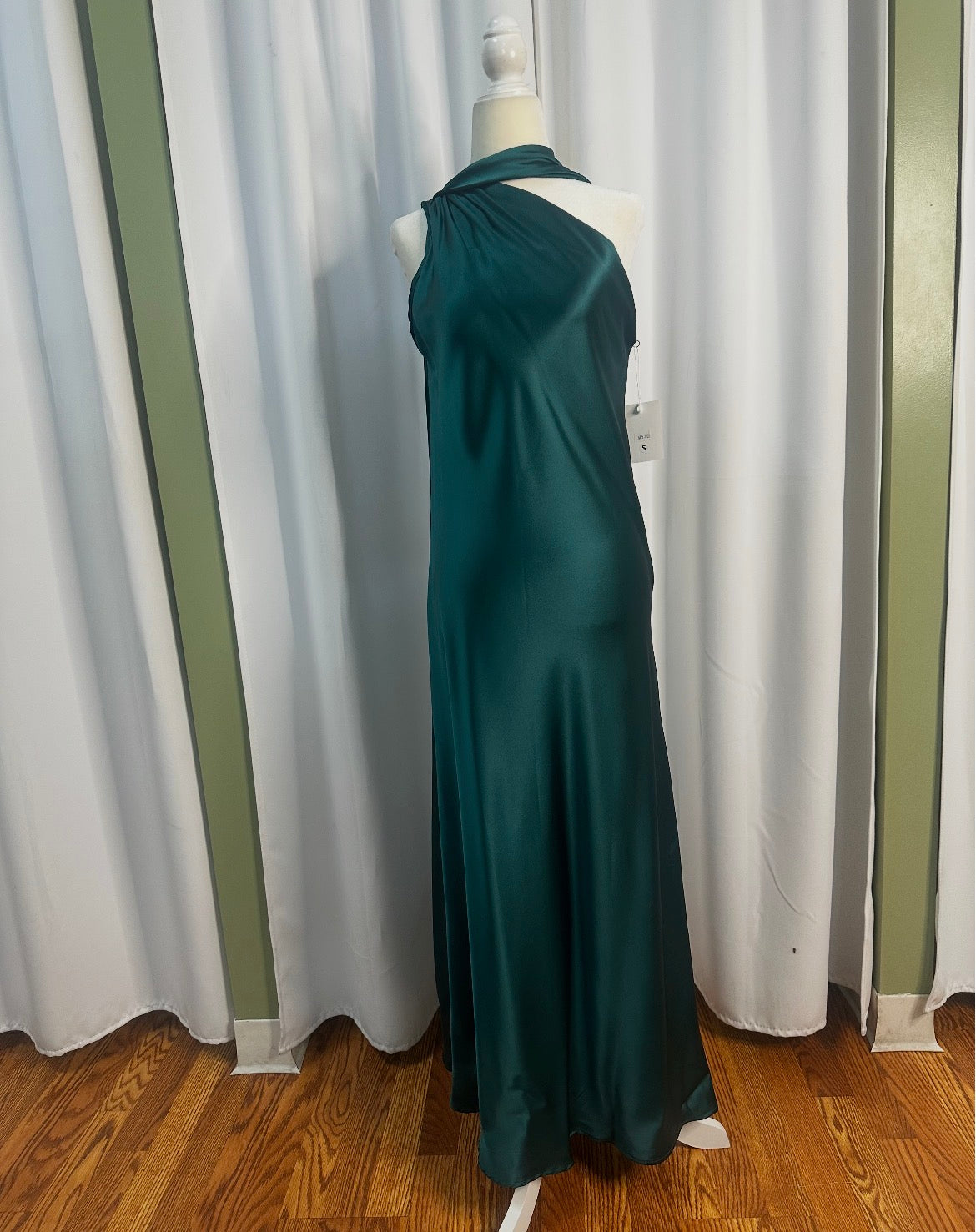 Satin Emerald Green, Long flowy stylish dress, scarfed look.