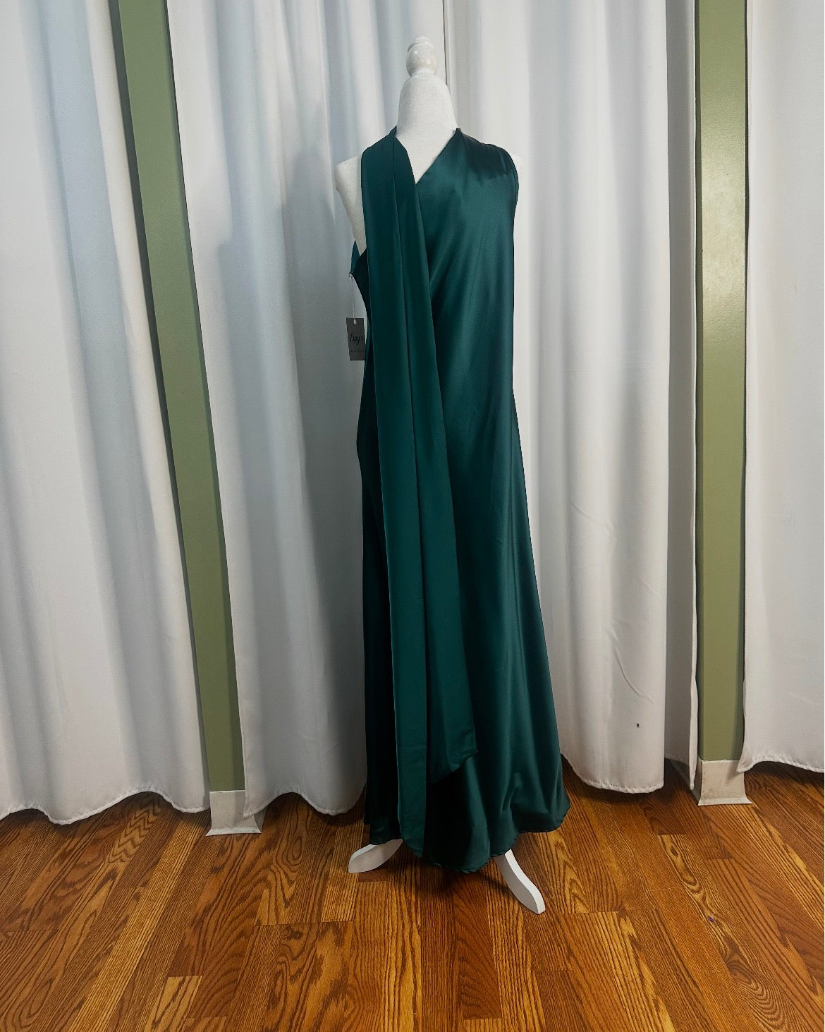 Satin Emerald Green, Long flowy stylish dress, scarfed look.