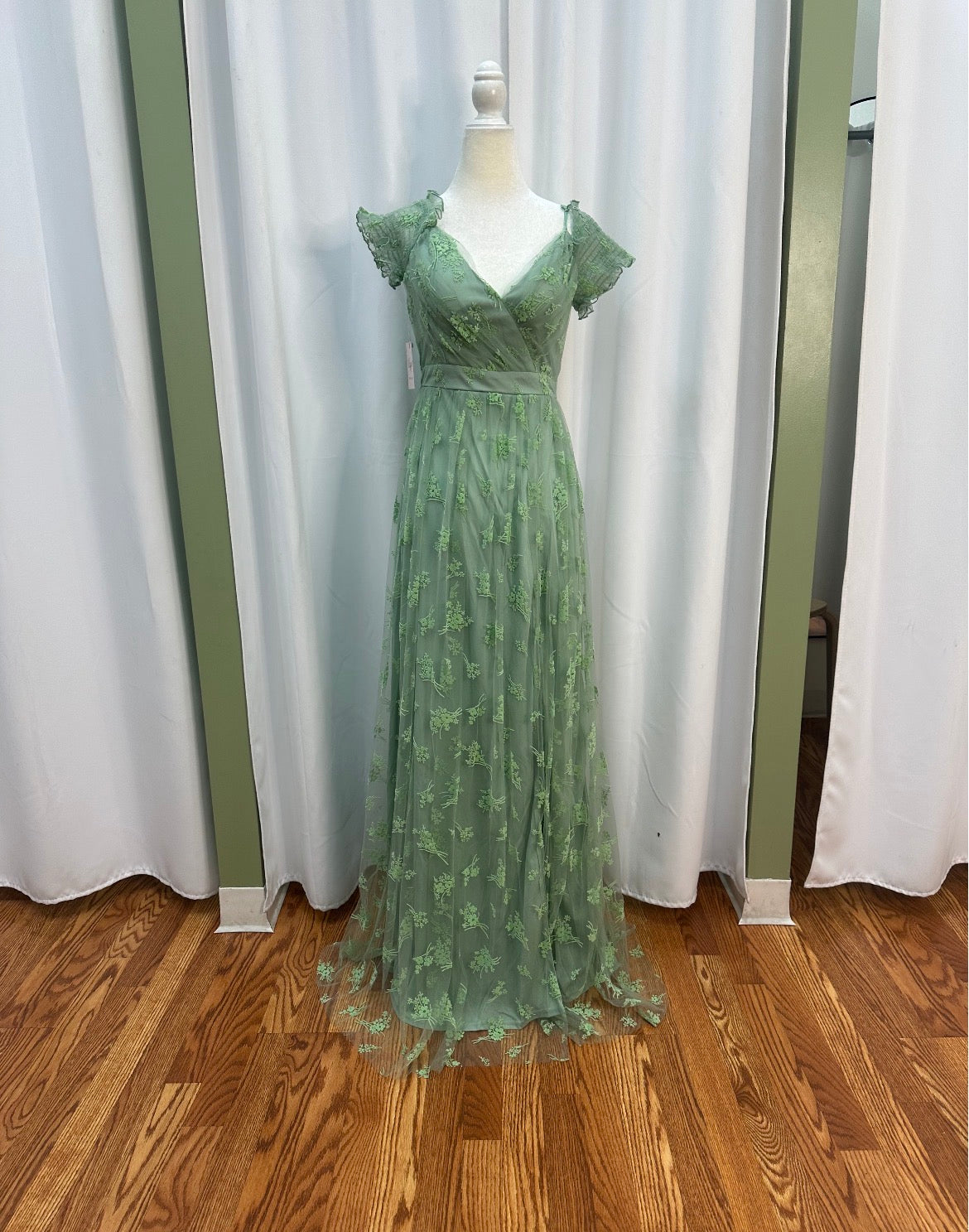 Sage Green, modern style dress, off shoulder sleeves.