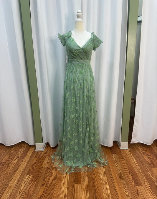 Sage Green, modern style dress, off shoulder sleeves.