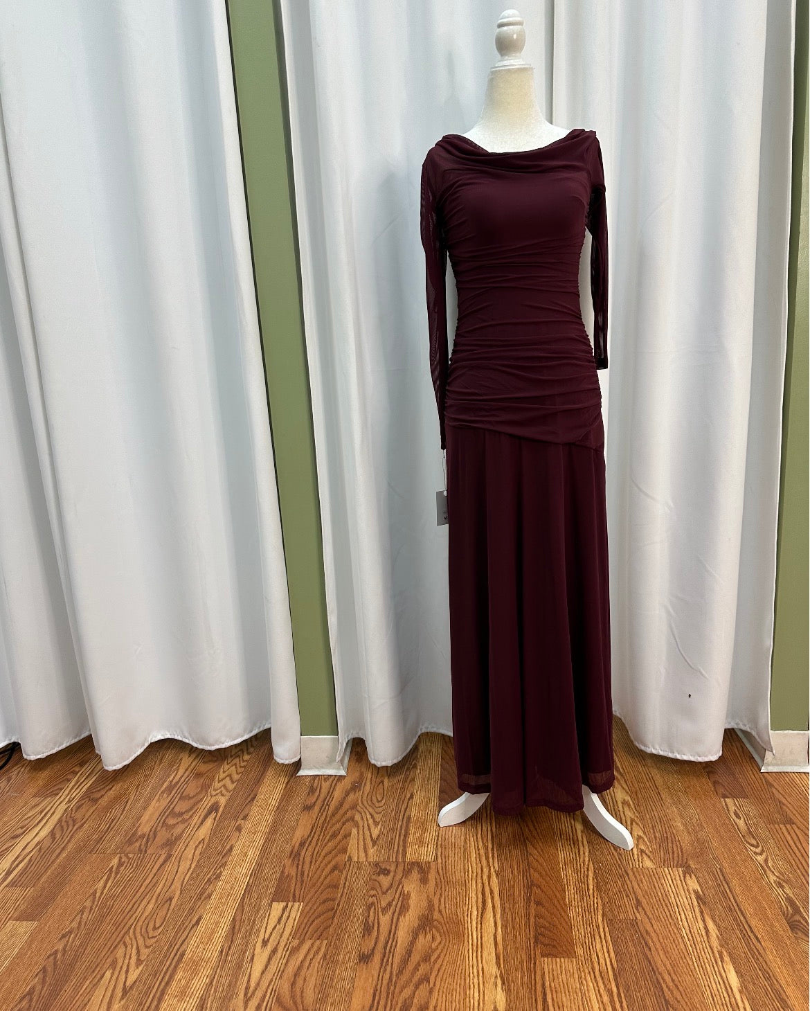 Chiffon Burgundy, long beautiful sexy dress, long sleeves.