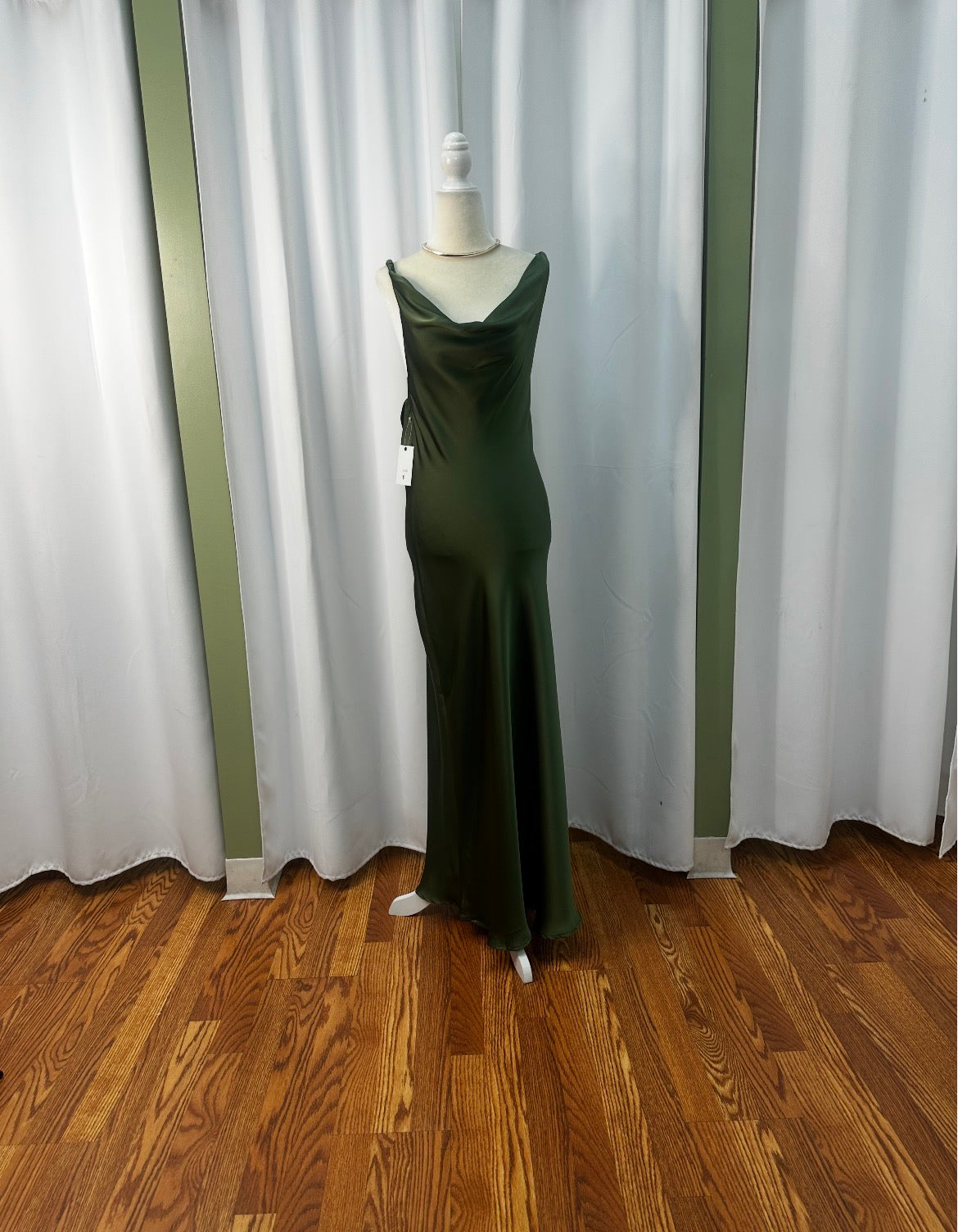 olive green satin dress open cross over back.