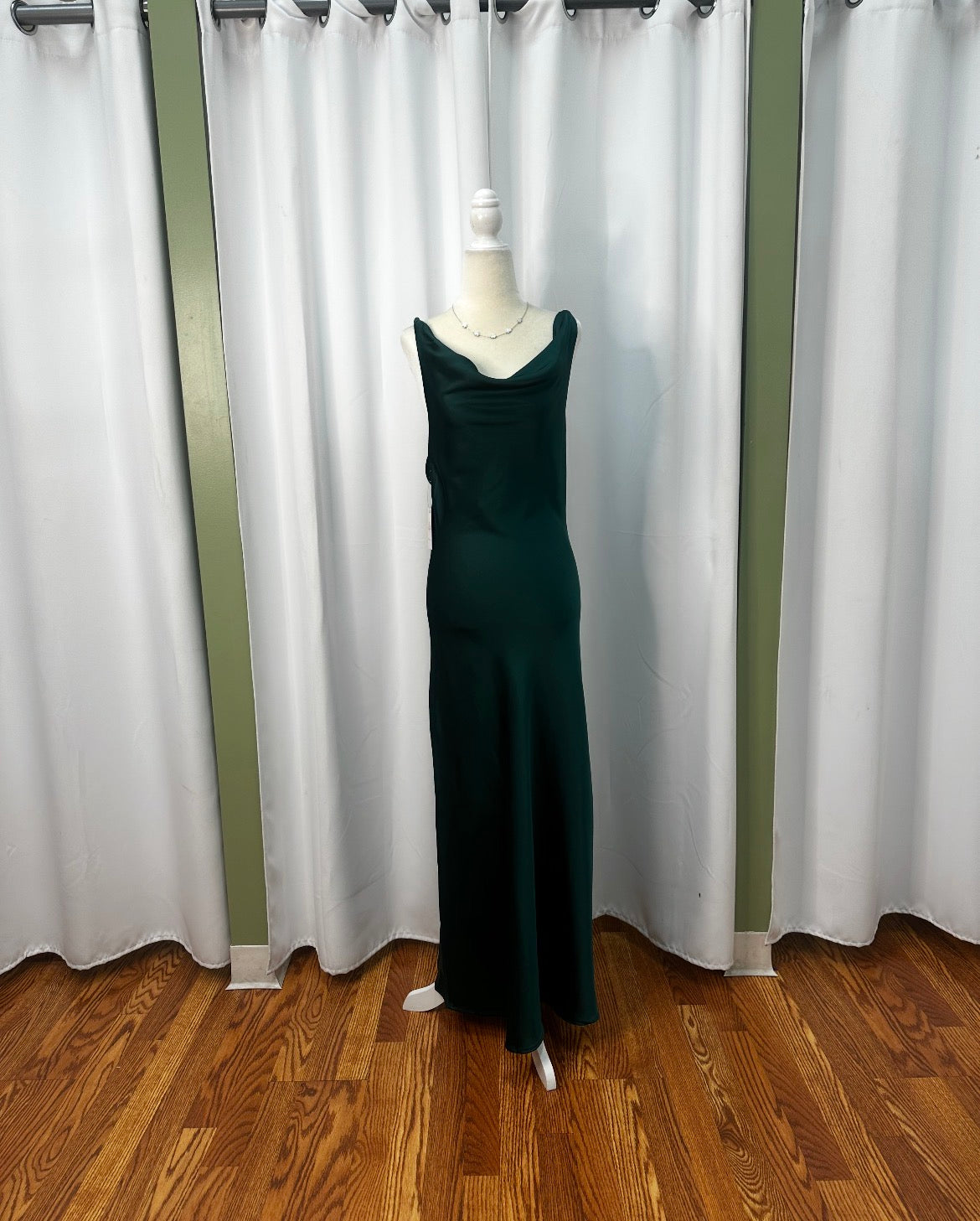 emerald, green long open cross over back dress.