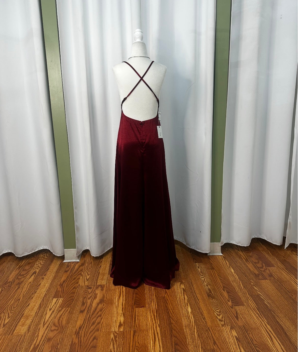 wine satin dress, elegant and classy, open back design