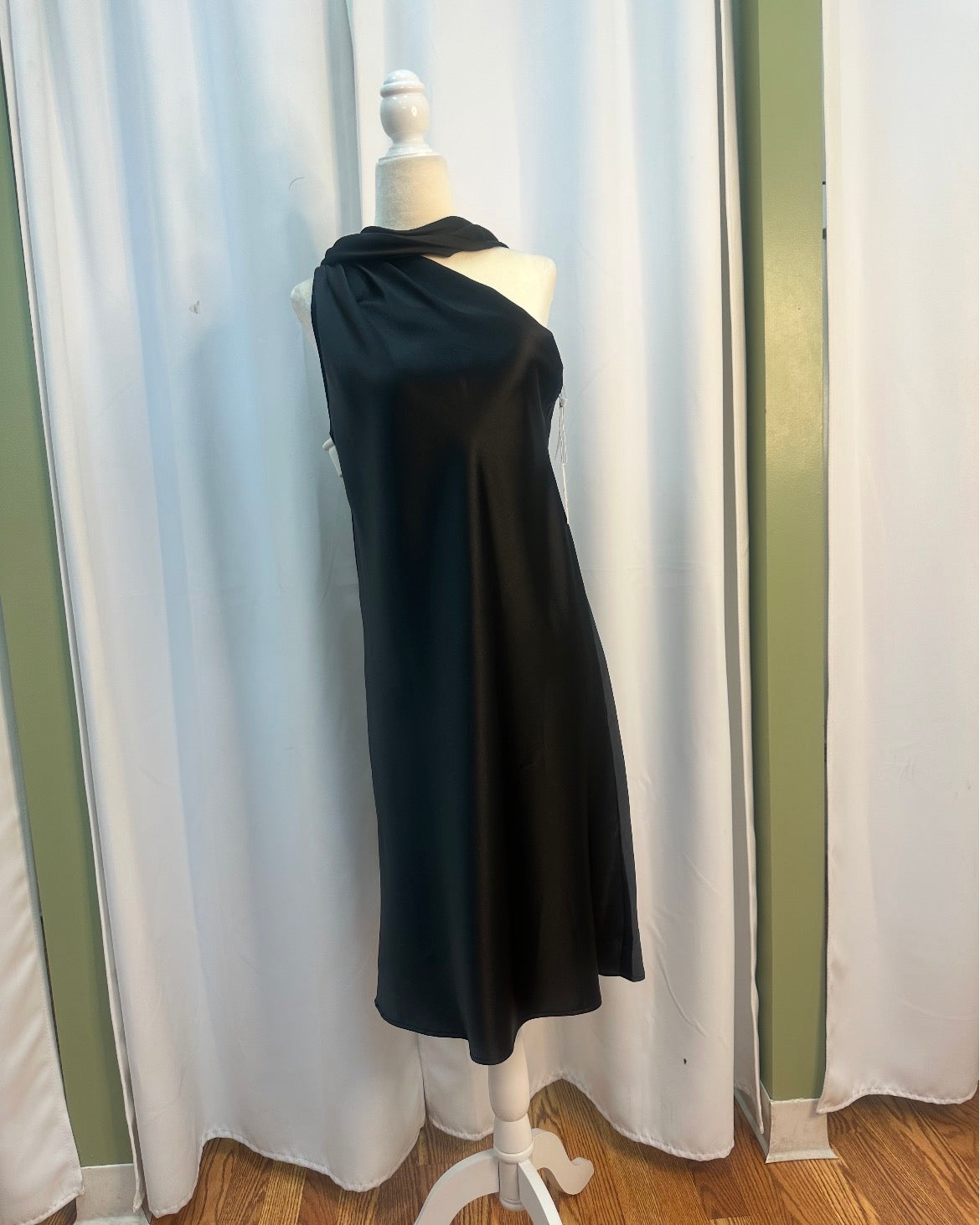 small, short satin dress classy scarfed neck.