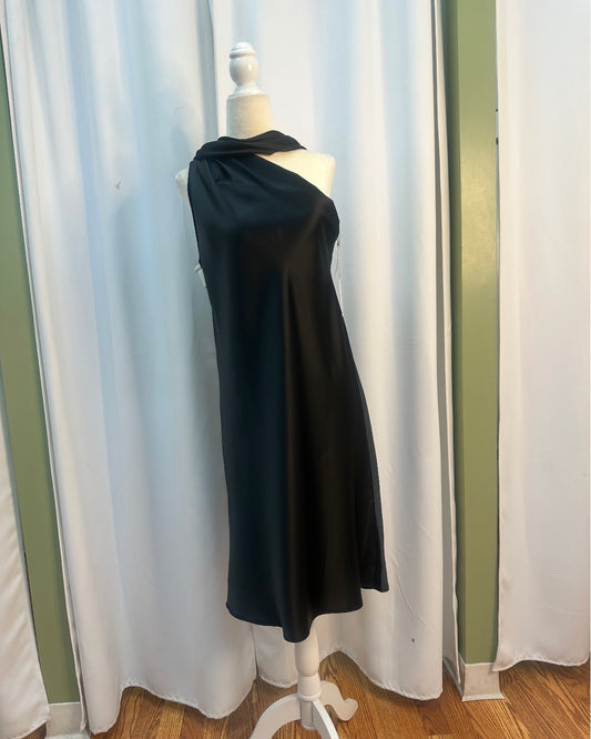 small, short satin dress classy scarfed neck.