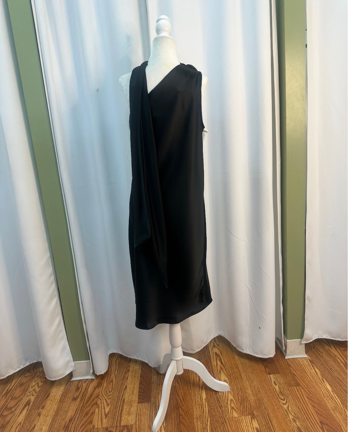 small, short satin dress classy scarfed neck.