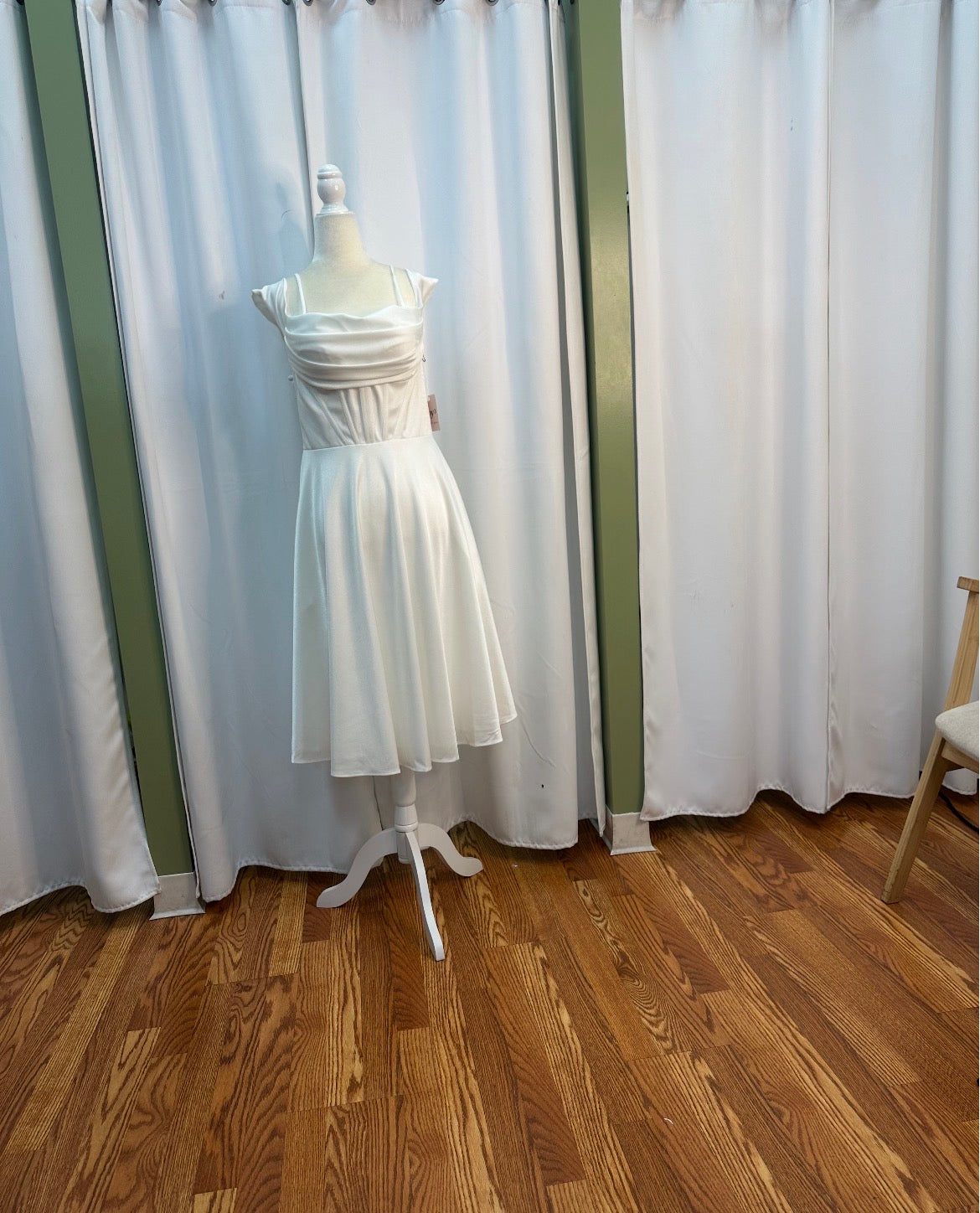 Glossy white satin corset short dress, ruffled front top
