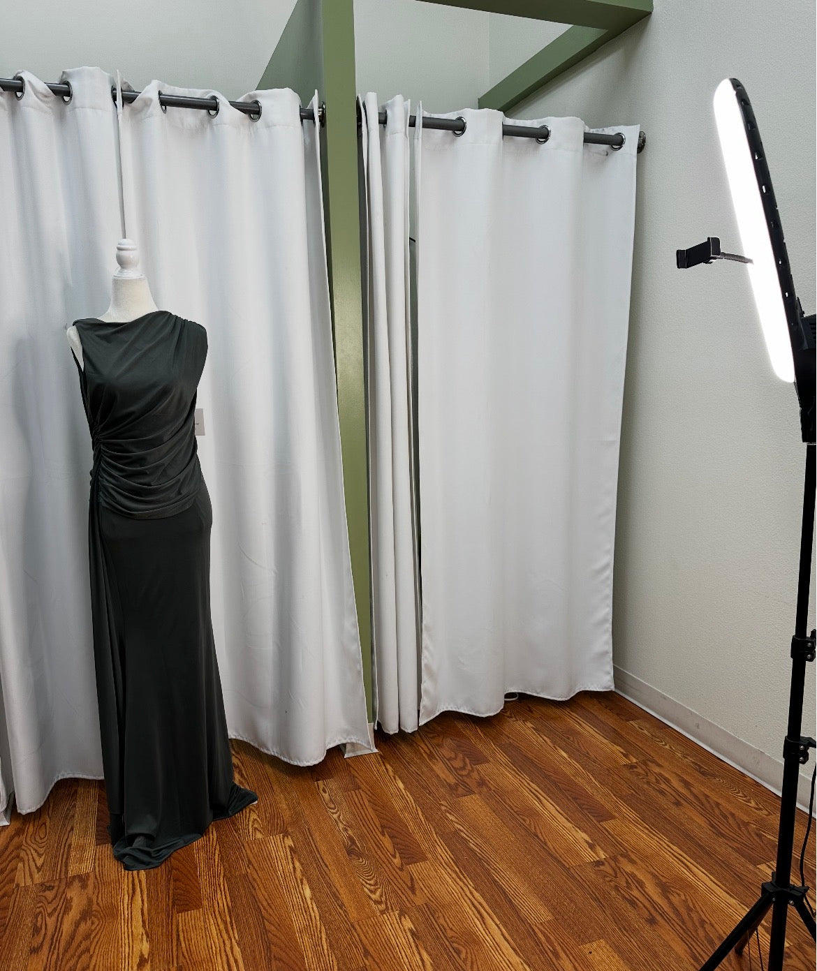 Grey stretchy material, extreme comfort and fancy, open back front scrunch design.