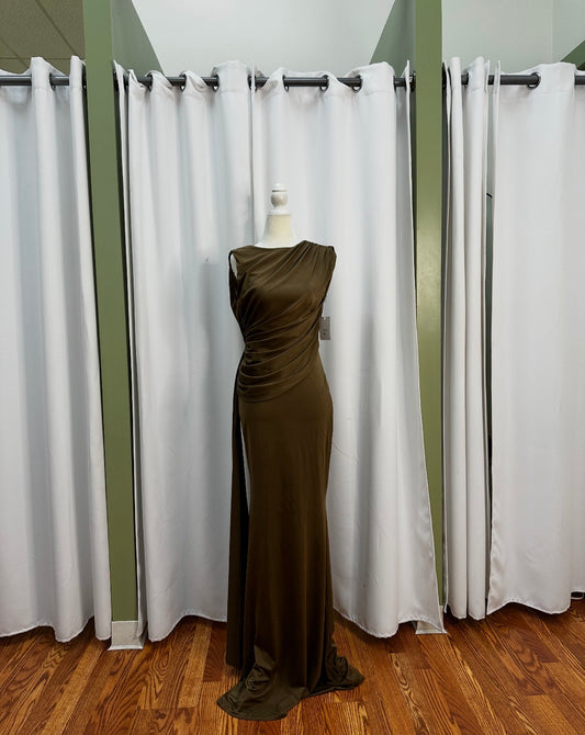 Brown long stretch material dress, open back scrunched back design.