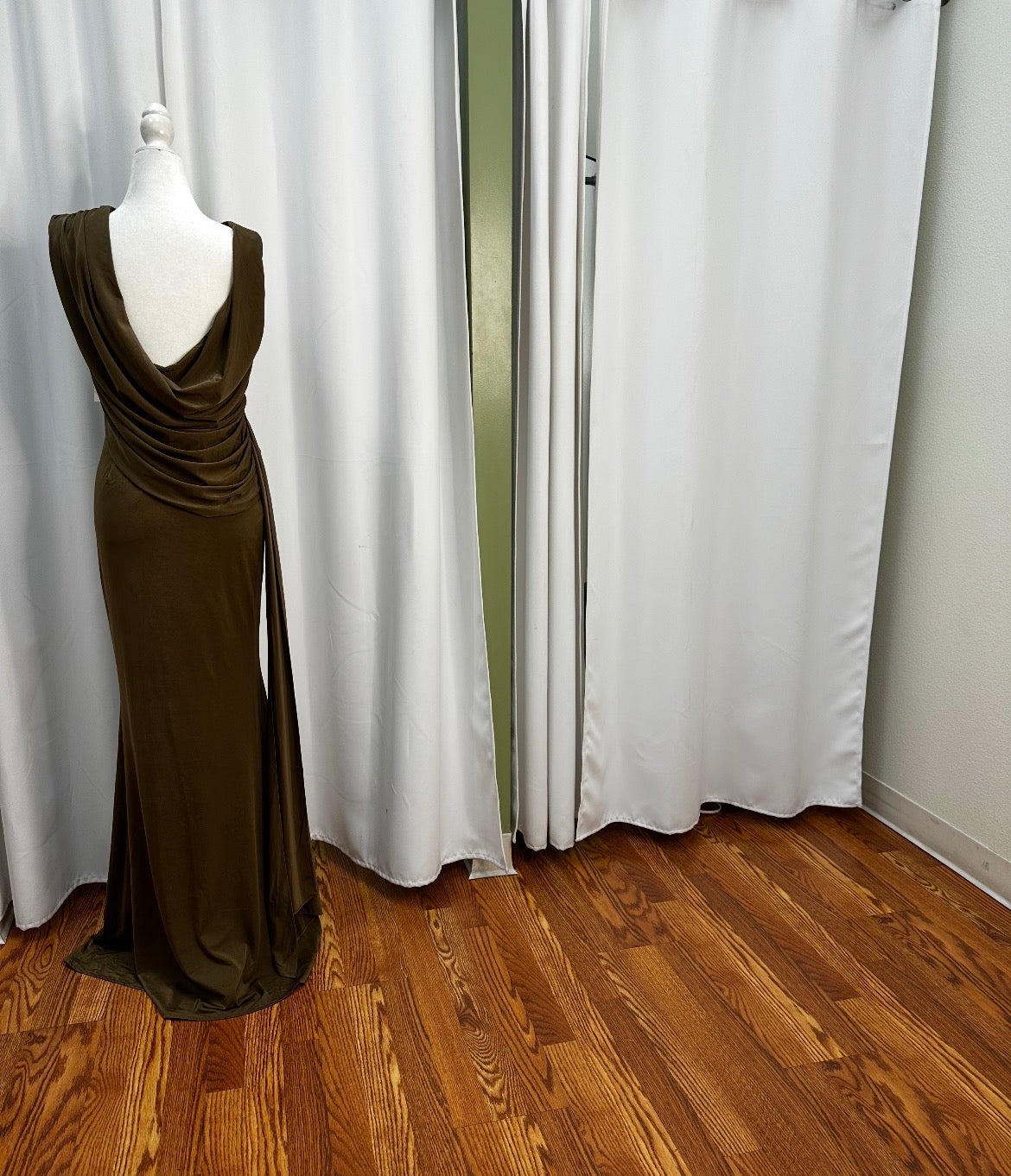 Brown long stretch material dress, open back scrunched back design.