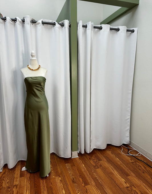 strapless satin olive long beautiful dress, open leg split.