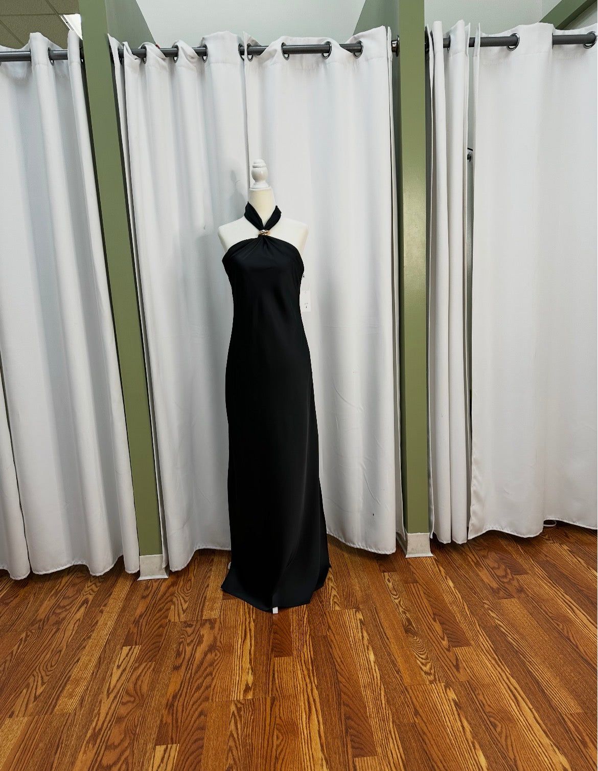 Satin halter top gold accessory, open back long beautiful dress.