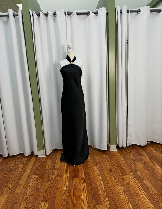 Satin halter top gold accessory, open back long beautiful dress.