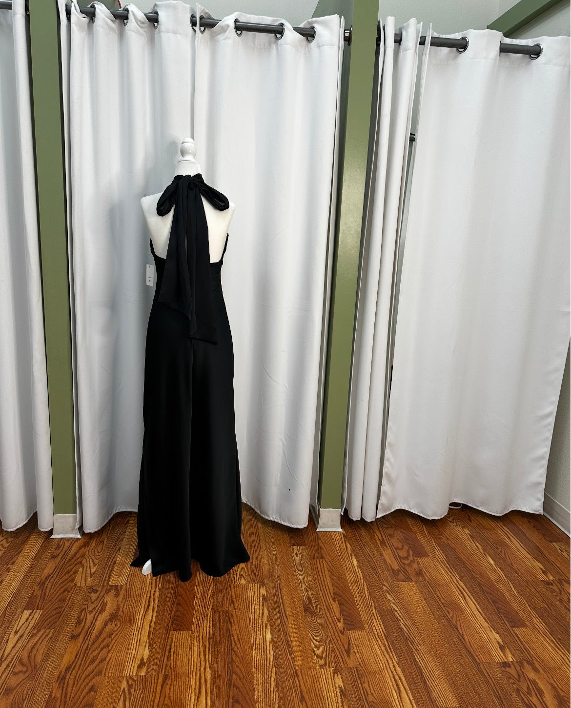 Satin halter top gold accessory, open back long beautiful dress.